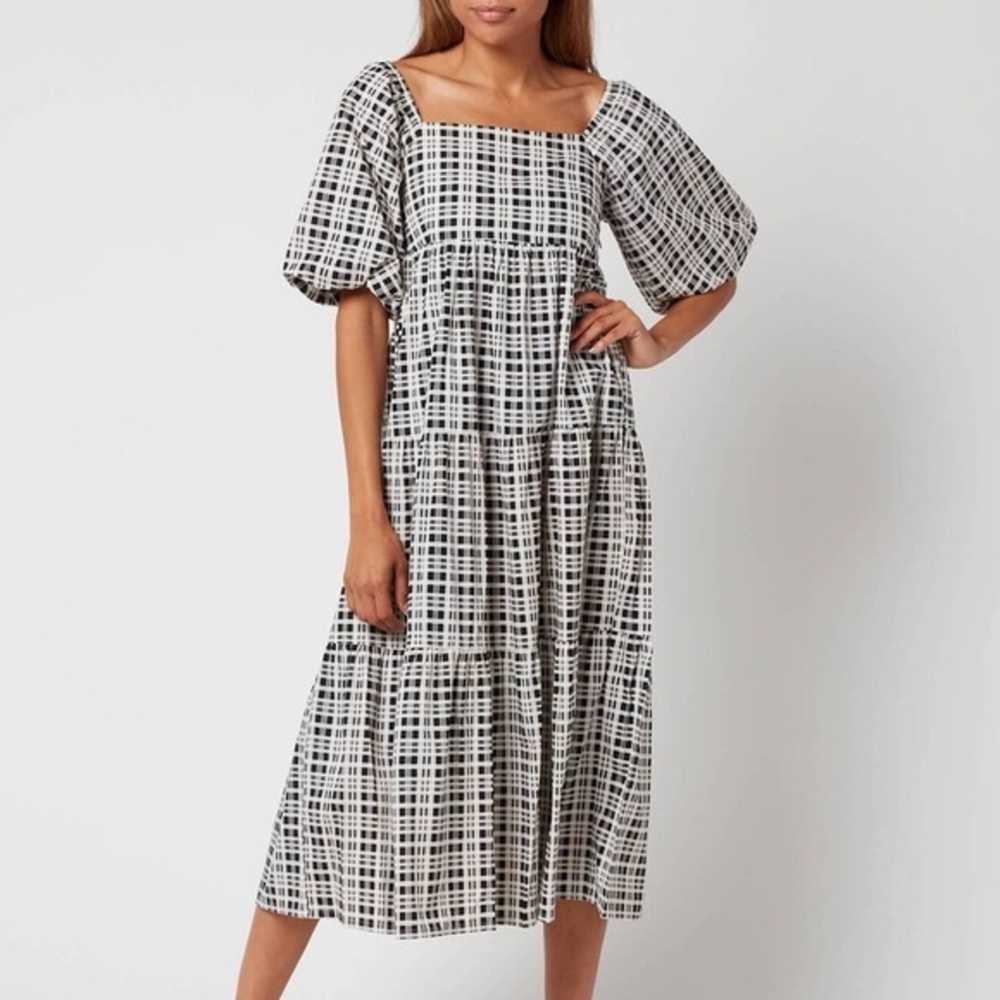 Faithfull the Brand Black & White Plaid Puff Sleeve Midi Dress